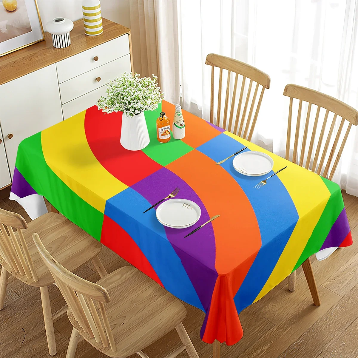 

Colorful Tablecloth, Modern Abstract Psychedelic Geometric Wavy Stripes , Rectangular Table Cover for Dining Room Kitchen Decor
