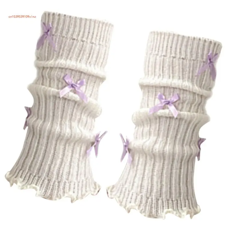 Ballet Women Ribbed Knit Leg Warmer Bowknot Stretch Footless Ruffled Socks