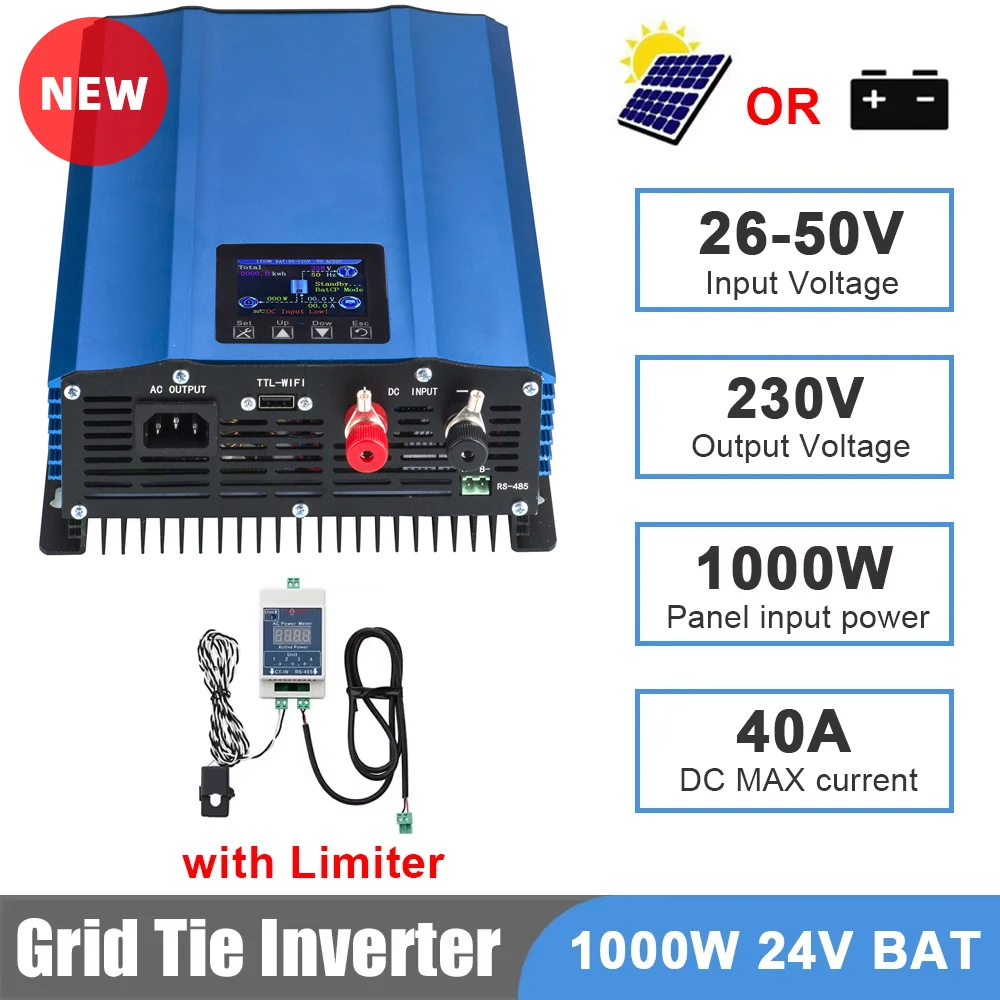 Y&H 1000W MPPT Grid Tie Inverter met limiter Zuivere sinusomvormer 24V Batterijontladingsmodus Uitgang 220V Optioneel WiFi