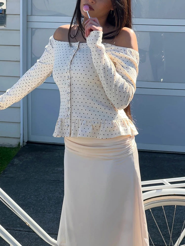 

JULISSA MO Sexy Off Shoulder Print Polka Dot Women Tops White Long Sleeve Single Breasted T-shirt Autumn Slim Casual Streetwear