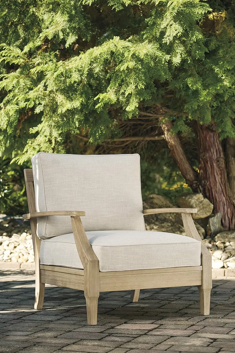 n by Ashley Clare View Outdoor Eucalyptus Wood Single Cushioned Lounge Chair, Beige