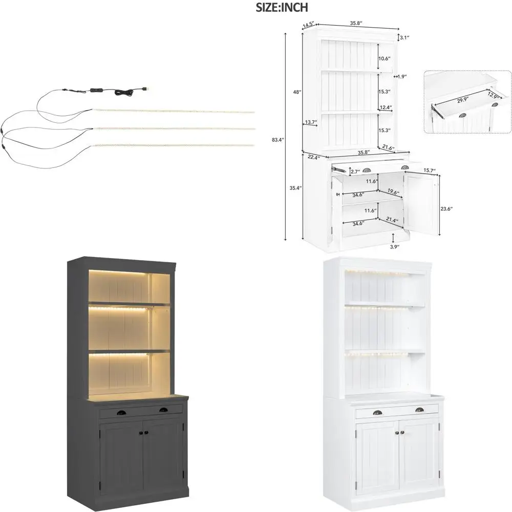 

83.4" Tall Solid Wood Bookcases and Bookshelves with Cabi,Do,Ders,Adjustable Shelves and LED Lighting loor Standing White Bookca