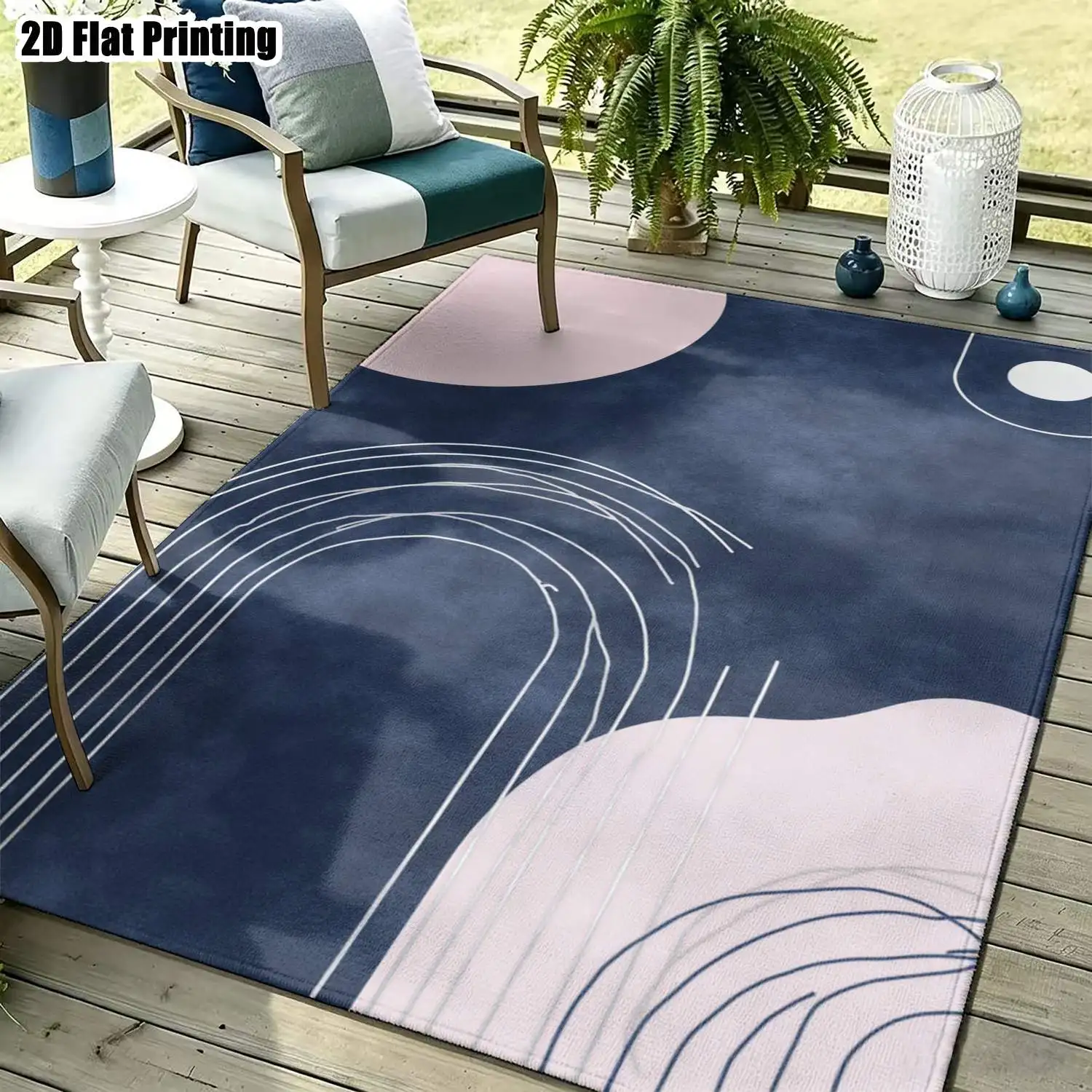 1Pc 2D Printed Carpet: Dark Blue Base, Pink&White Geometric Patterns Nordic/Instagram-Style, Modern Minimalist Abstract Art Floor Mat, Machine Washable, Multi-Size, Suitable for Home Decor as Entrance/Dining/Foyer/Bedroom/Living Room Mat.
