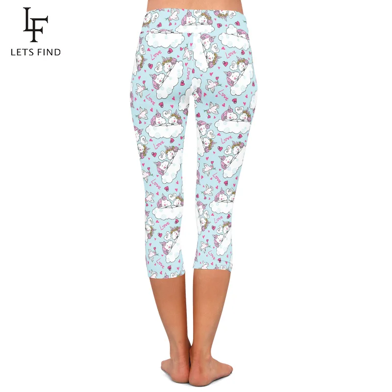 LETSFIND Sweet Style Cute Unicorn Falling In Love Print Leggings a metà polpaccio vita alta Fitness donna Capri Leggings