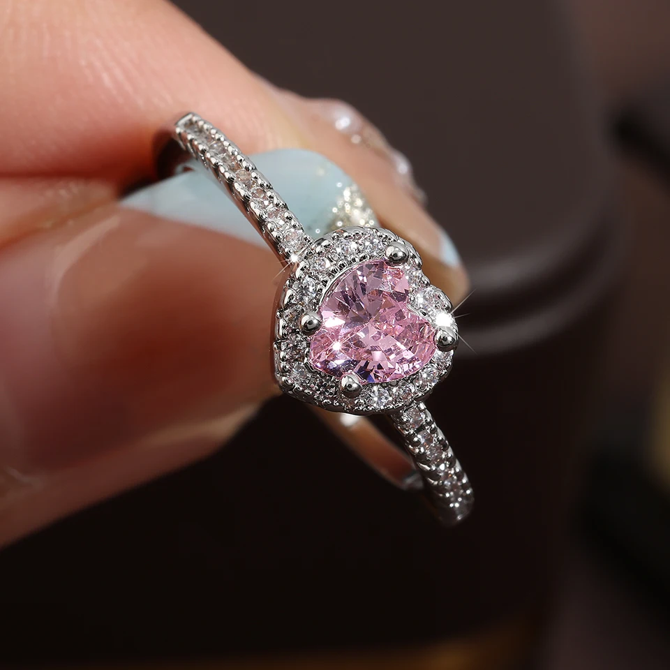 ZAKOL 2-teiliges Set Rosa-Weißes Herzförmiges Strass-Halsketten-Ring-Set Glänzender Zirkon Süßer Romantischer Schmuck Geschenk für Frauen Mädchen – Detail 9
