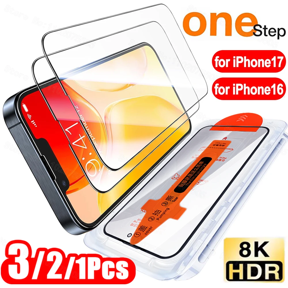

3/2/1PCS HD Premium Dust Free Tempered Glass For iPhone 17 16 Pro Max 17 Air 16 Plus 8K Easy Installation Screen Protector Film