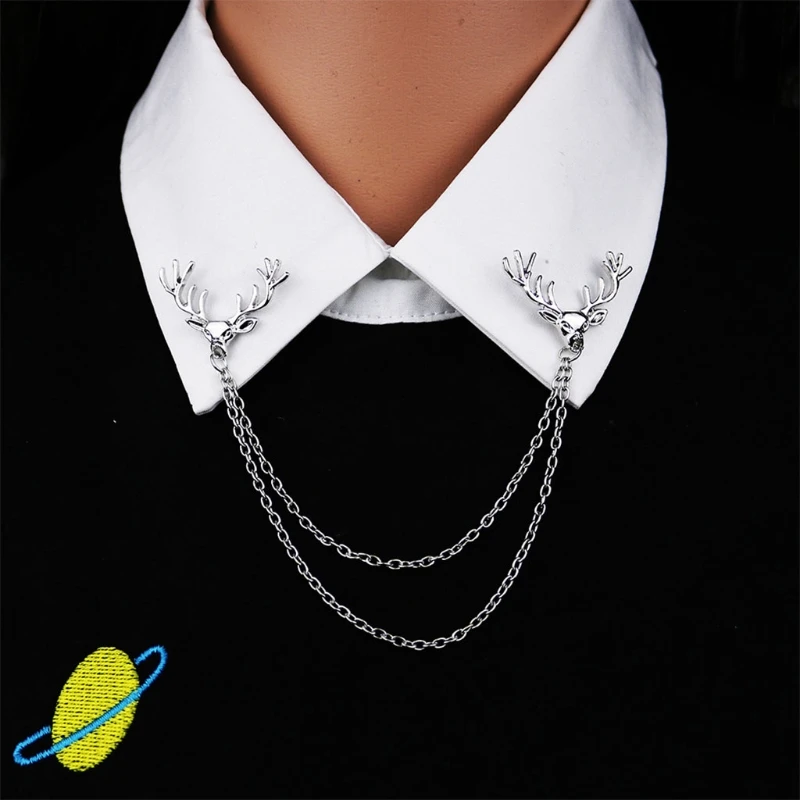F42F Deer Brooch Pin for Men Women Suit Vintage Shirt Collar Chain Brooches Elk Antler Lapel Pin Decoration