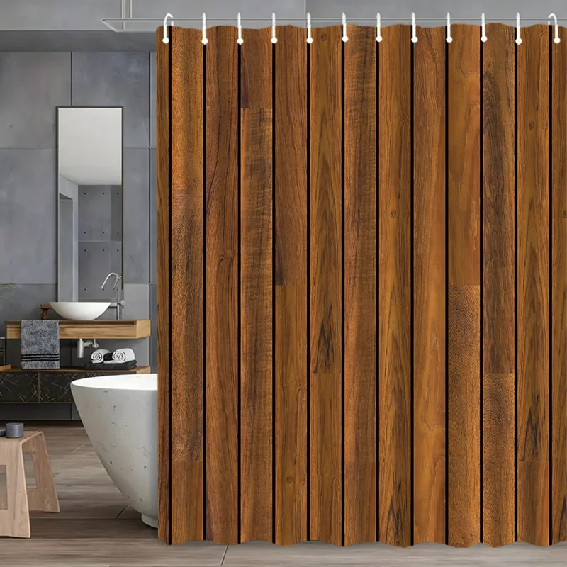1pc Light Luxury Wood Grain Splicing Pattern Shower Curtain with Hook, Washable Shower Curtain, Bathroom Partition, Bathroom Add