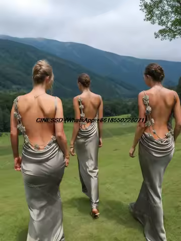 Glamorous Backless Bridesmaid Dress for Wedding 3D Flowers Straps Pleated Satin Prom Dress Mermaid Evening Gown Custom Vestidos