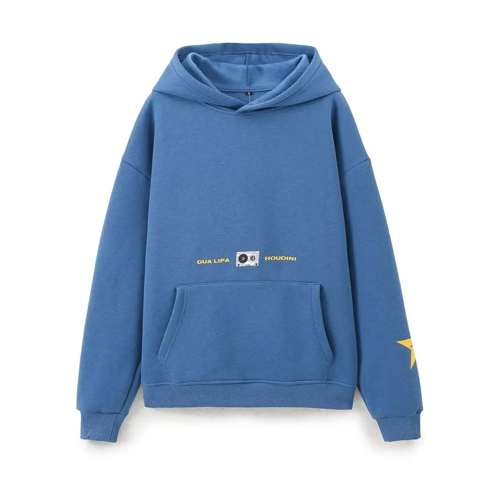 Tangada 2024 Women Blue Print Hood Sweatshirts Oversize Loose Cotton Pullovers 6H0337