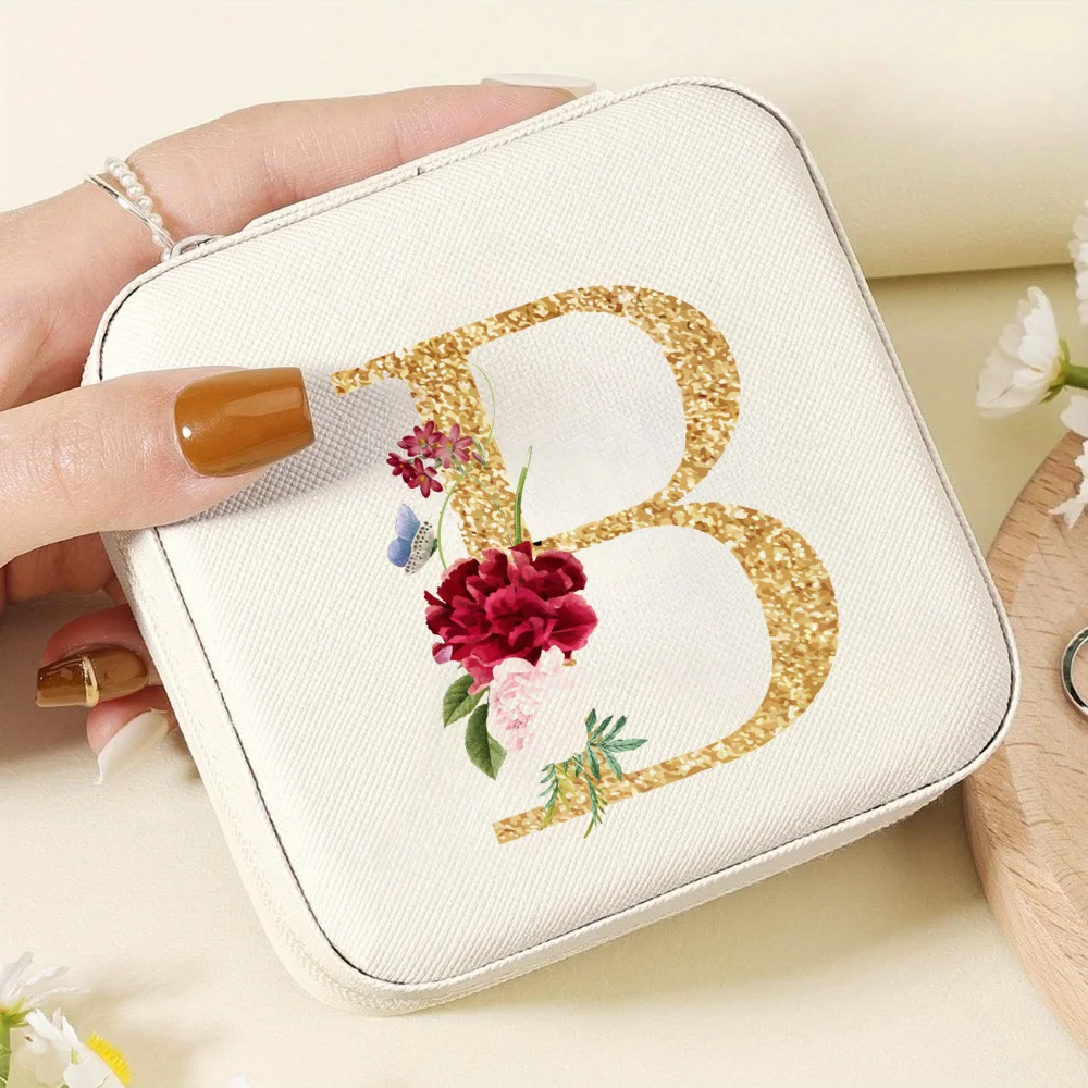 

Elegant Zipper Travel Jewelry Case A-Z Letter Print Valentine's Day Bridesmaid Gift Jewelry Box