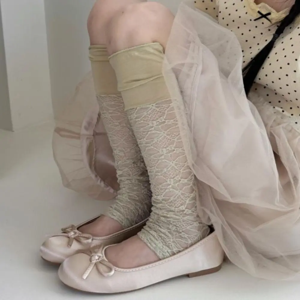 New Sheer Mesh Floral Lace Leg Warmers Retro Style Breathable Comfortable Calf Socks Floral Lace Open Heel Socks Women