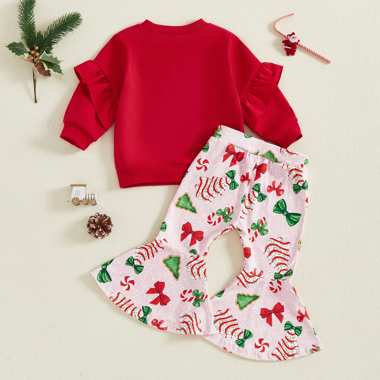 طفل فتاة ملابس عيد الميلاد طفل الفتيات طويلة الأكمام جولة الرقبة البلوز + مرونة الخصر القوس شجرة طباعة مضيئة السراويل 2 قطعة مجموعة #2