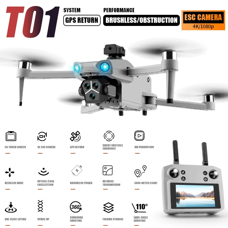 Flytec T01 Drone with Touchscreen Remote, GPS, Obstacle Avoidance, Brushless Motor, Foldable Aerial Photography Drone