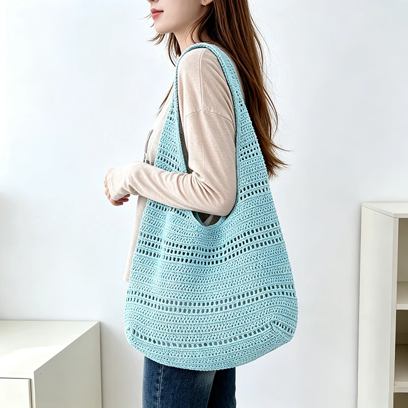 Hohlgestrickte Unterarm-Schultertasche, koreanische Damen-Handtasche, süß, niedlich, schlicht, einfarbig, gewebte Handtasche, lässige Tragetasche für Pendeln und Reisen – Detail 16