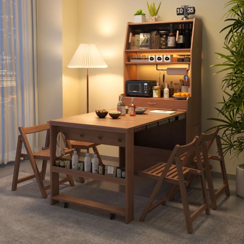 

Solid wood dining table folding telescopic household small apartment hidden dining table side cabinet integrated multi