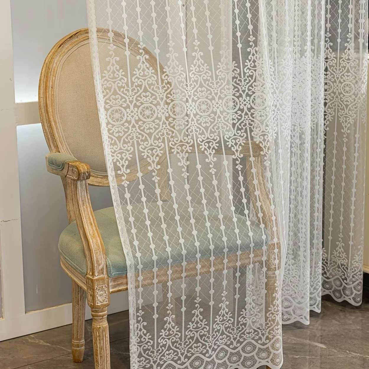 1pc New European Floral Ready-Made Sheer Curtain with Tassel Lines, Easy Install for Bedroom, Living Room & Balcony