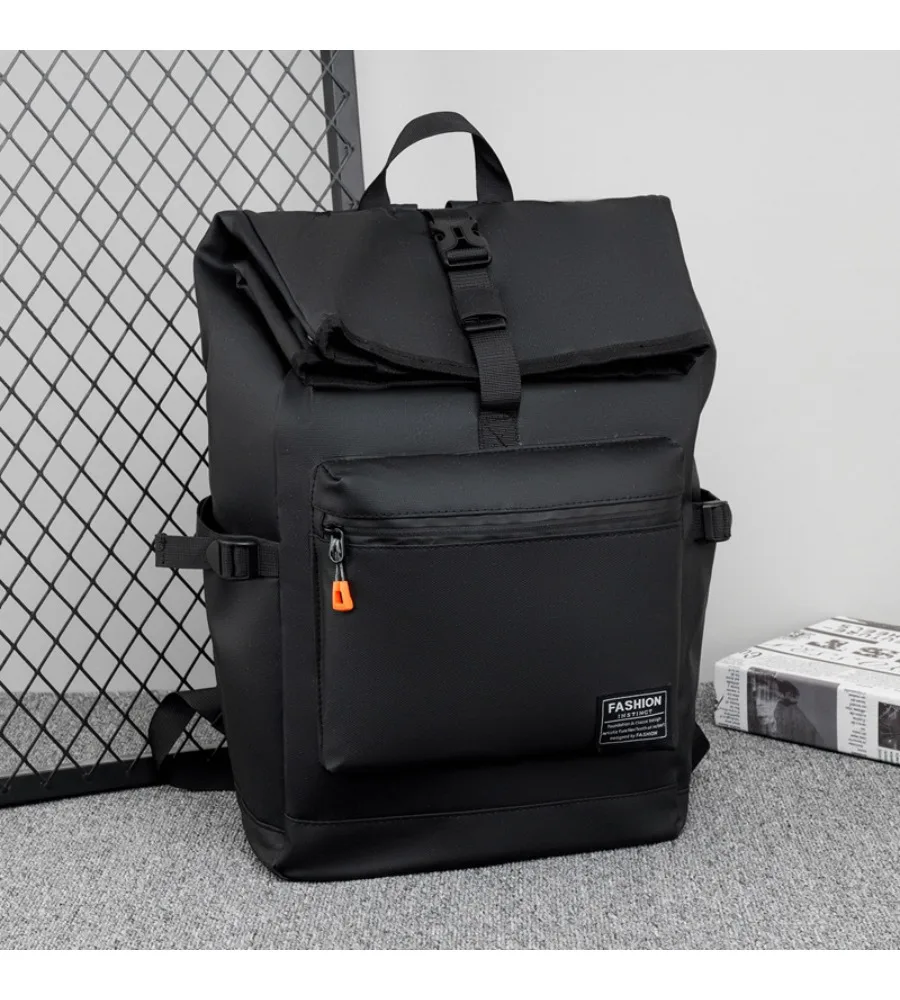 Black Fashion Roll Top Laptop Backpack 15.6 Inch Notebook Bag Oxford Cloth Water Resistant Casual Rucksack