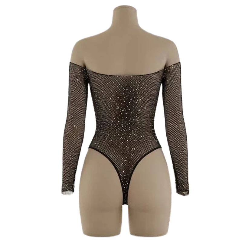 Damen Off-Shoulder Strass-Mesh-Bodysuit Transparenter Netz-Bodystocking Glitzerndes Oberteil Nachtclub Bühne Musikfestival Party-Outfits – Detail 6