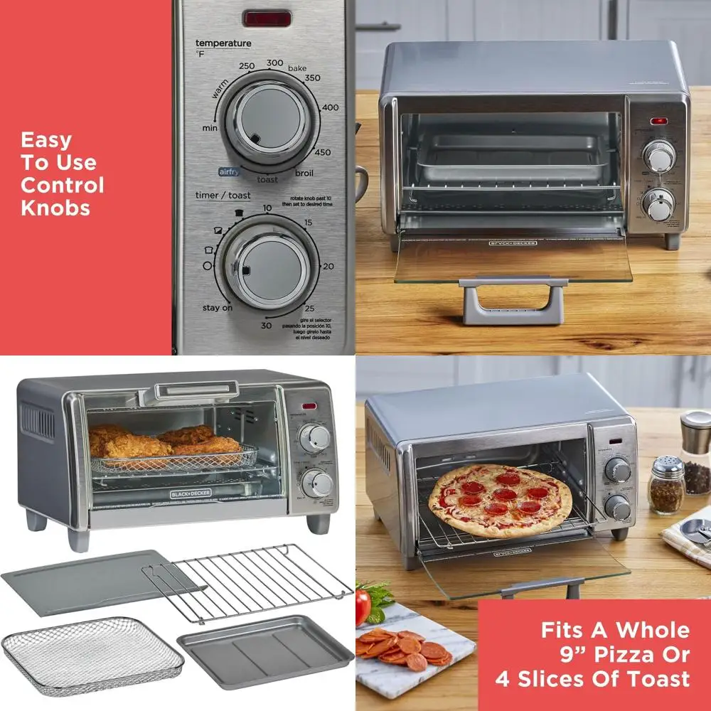 Konvektions-Toasterofen mit mittlerer Kapazität für 4 Scheiben, Heißluftfritteuse, 5-in-1-Funktionen, für 9 Pizzen, 30-Minuten-Timer, Edelstahl