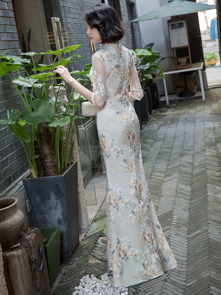 Frauen verbessert Qipao neue lange chinesische Stil Fischschwanz Kleid elegante Walk Show Leistung chinesische ethnische Hanfu Qipao