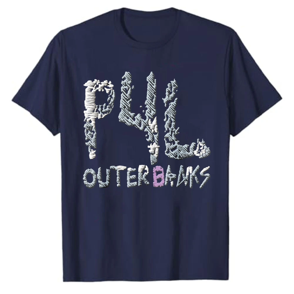 P4L Outer Banks Distressed Graffiti Style Graphic T‑Shirt Casual Cotton Retro TV Show Inspired Letter Print Beach Coastal Tops