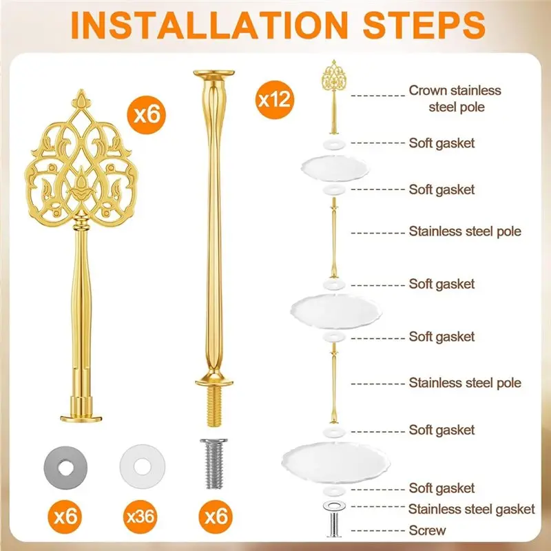 ABXF-6 Sets 3 Tier Cake Stand Hardware Kit, Vintage Gold Heavy Metal Tiered Tray Fitting For Dessert Cupcake Plate