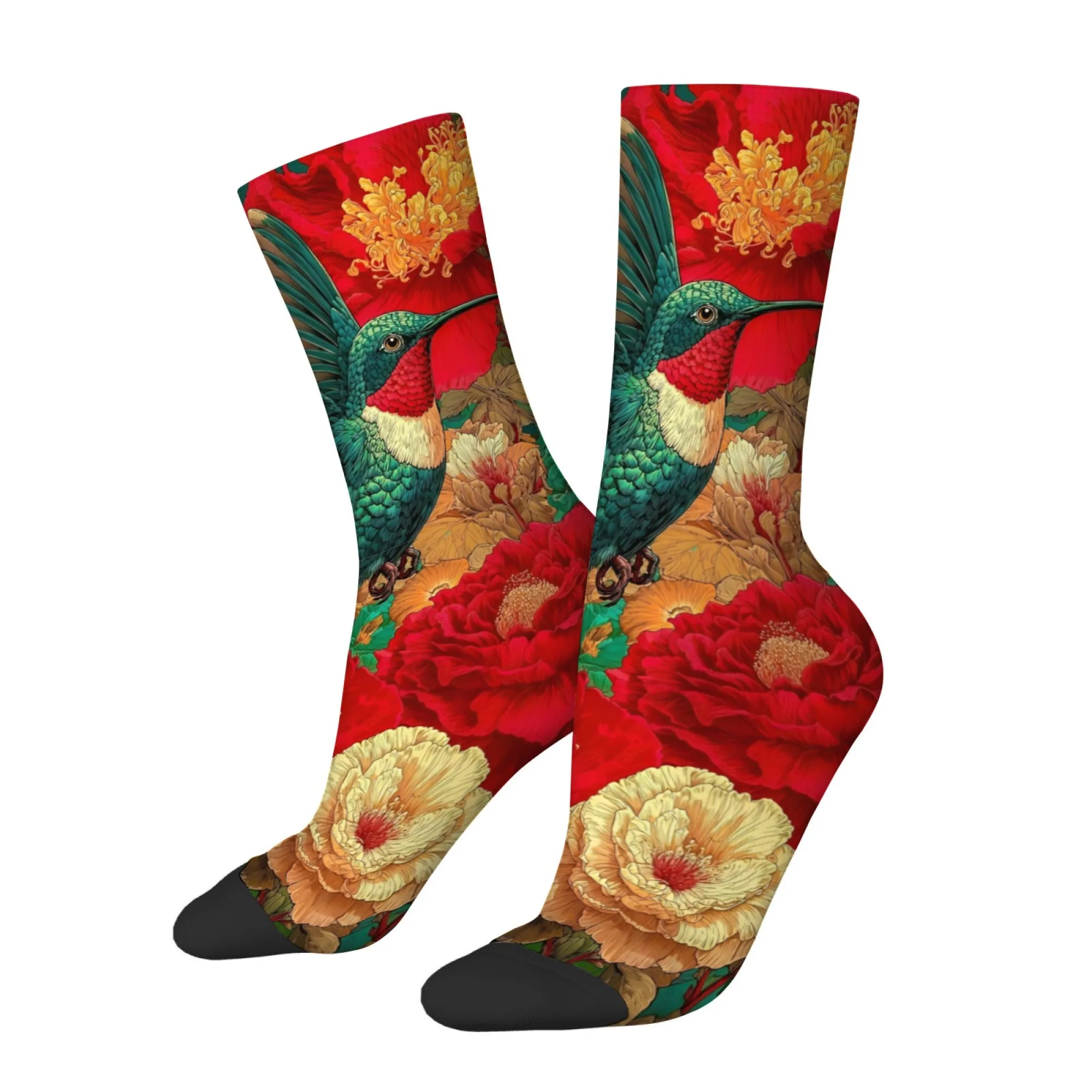 1 Pair Vintage Harajuku Hip Hop Men Socks Floral & Bird Print, Style Crew Socks with Botanical & Bird Patterns Novelty Sock