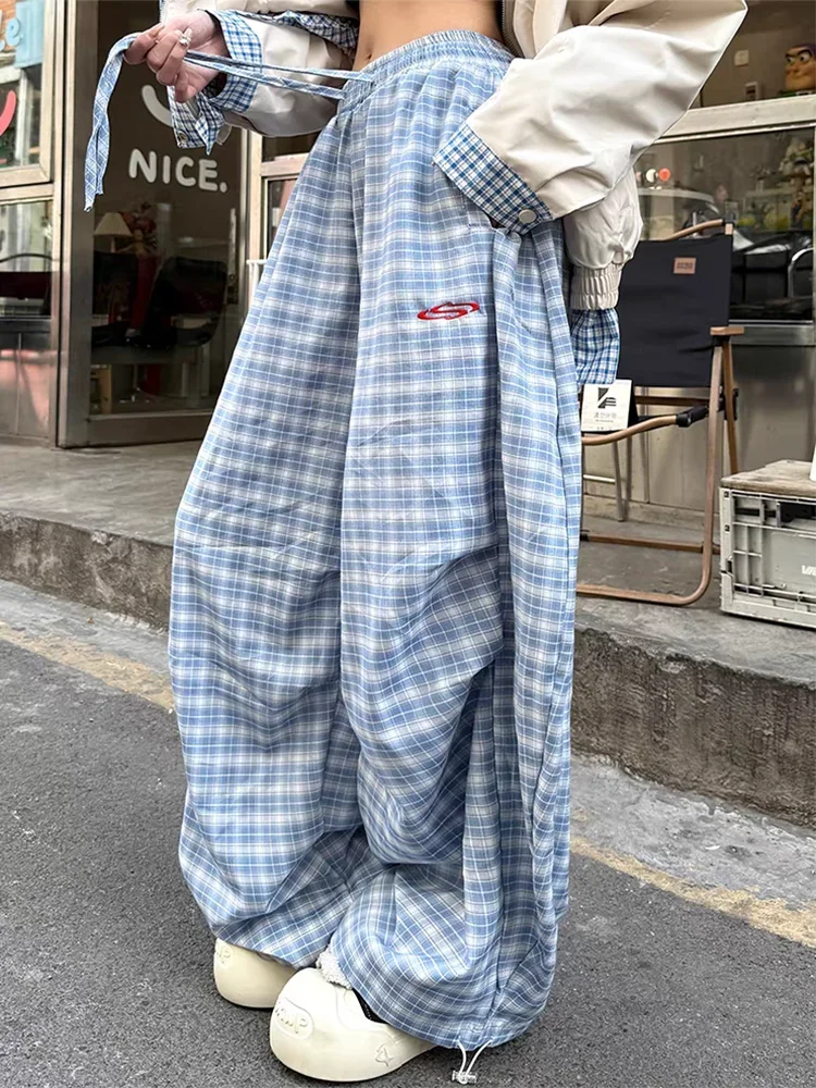 Y2K Vintage Plaid Pants Women American High Waist Scimitar Pants Harajuku Streetwear Oversize Loose Korean Casual Trousers New