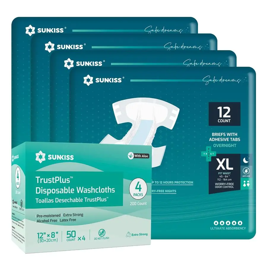Popok Dewasa TrustPlus Overnight Ukuran XLarge 48 Buah + Tisu Basah 8 x 12 200 Buah Paket Perlindungan Anti Bocor, Pengontrol Bau, Super Serap
