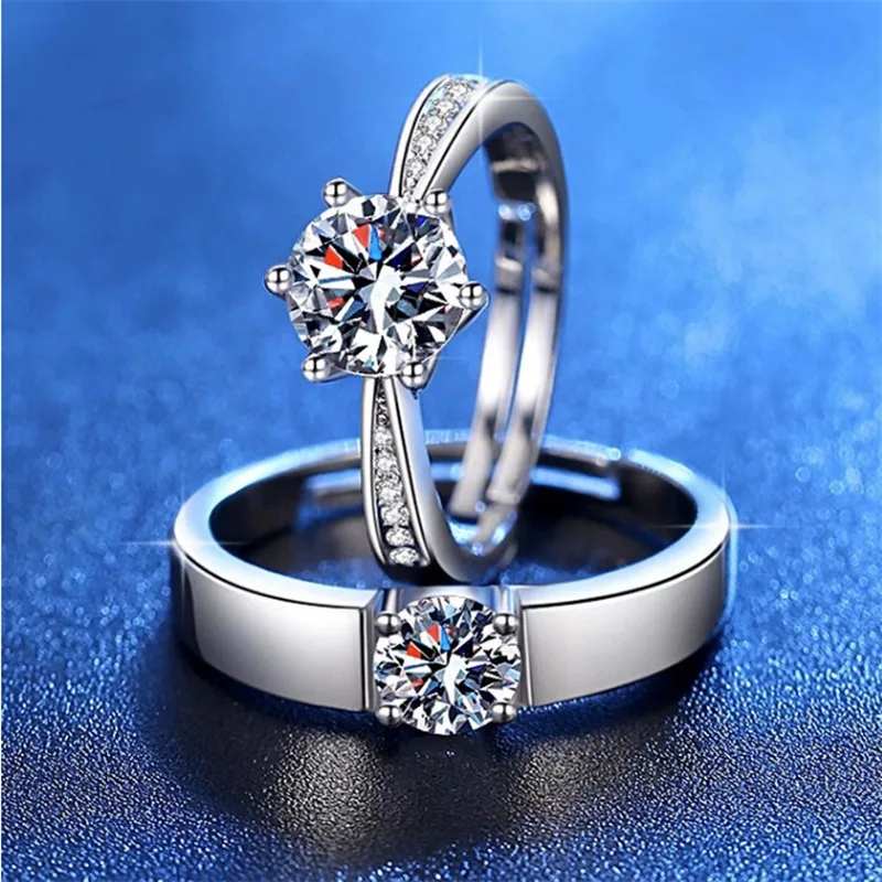 Classic six-claw single-row couple ring, men's and women's engagement ring, simulated diamond ring, adjustable.