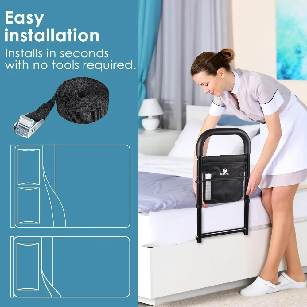 Elderly Bed Safety Rail with Motion Light & Storage Pockets, Adjustable Height, Tool-Free Installation, Supports 300lbs
