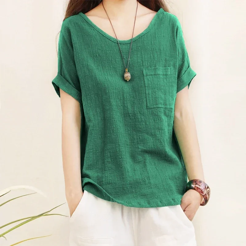 Women\'s T-shirt Loose Cotton Linen Blouse Short Sleeve Shirts Loose Green O-Neck Casual Solid Large Size Women Summer Top