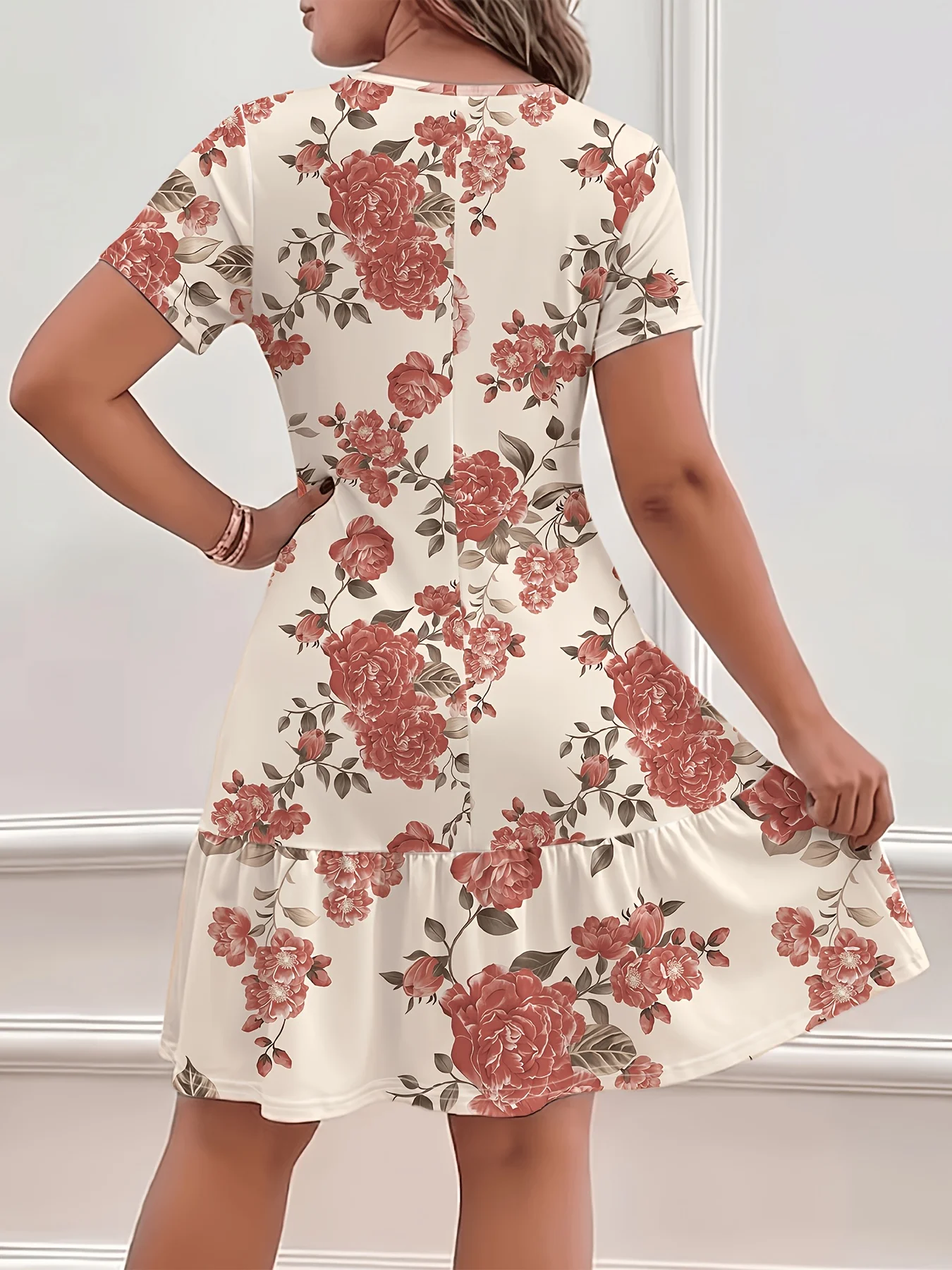 Retro Rose Floral Print Short-Sleeved Ruffled Hem Dress Round Neck Summer Casual Mid-Length Dress