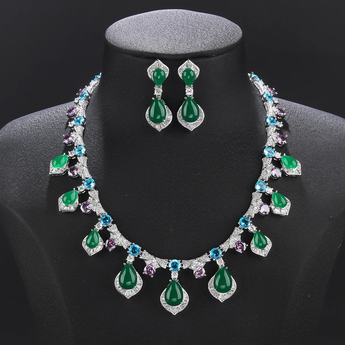 Beautiful Water Drop Imitation Chalcedony Cubic Zirconia  Necklace Earrings Set Wedding Lady Party Accessories CN11599
