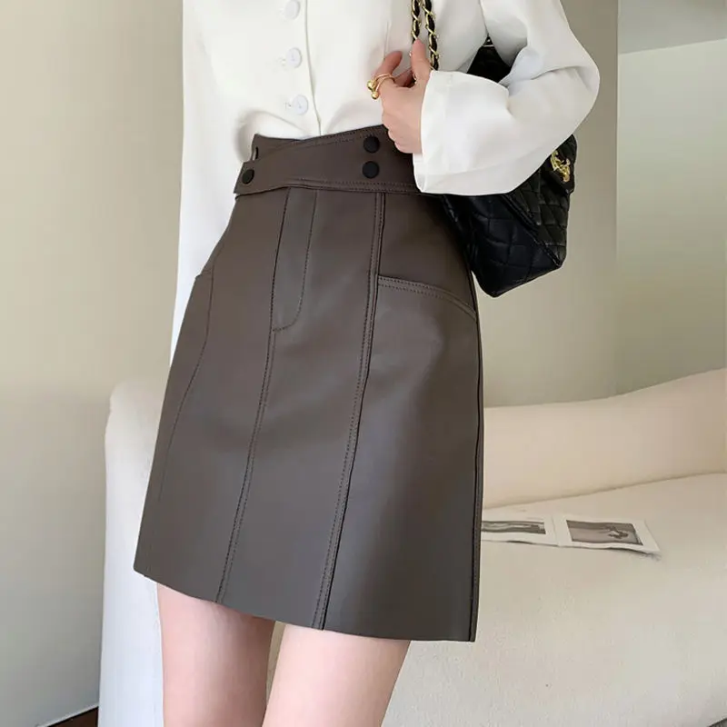 

Korean Fashion Autumn Winter Women Solid Button Zipper Simplicity Office Lady Chic High Waist Short Slim A-line PU leather skirt