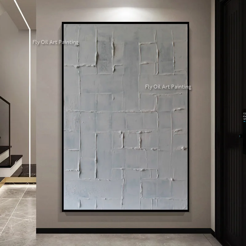 3D Relief Geometric Canvas Wall Art, Original Hand‑Painted Light Grey Impasto Oil Painting, Minimalist Wabi‑Sabi Home Decor
