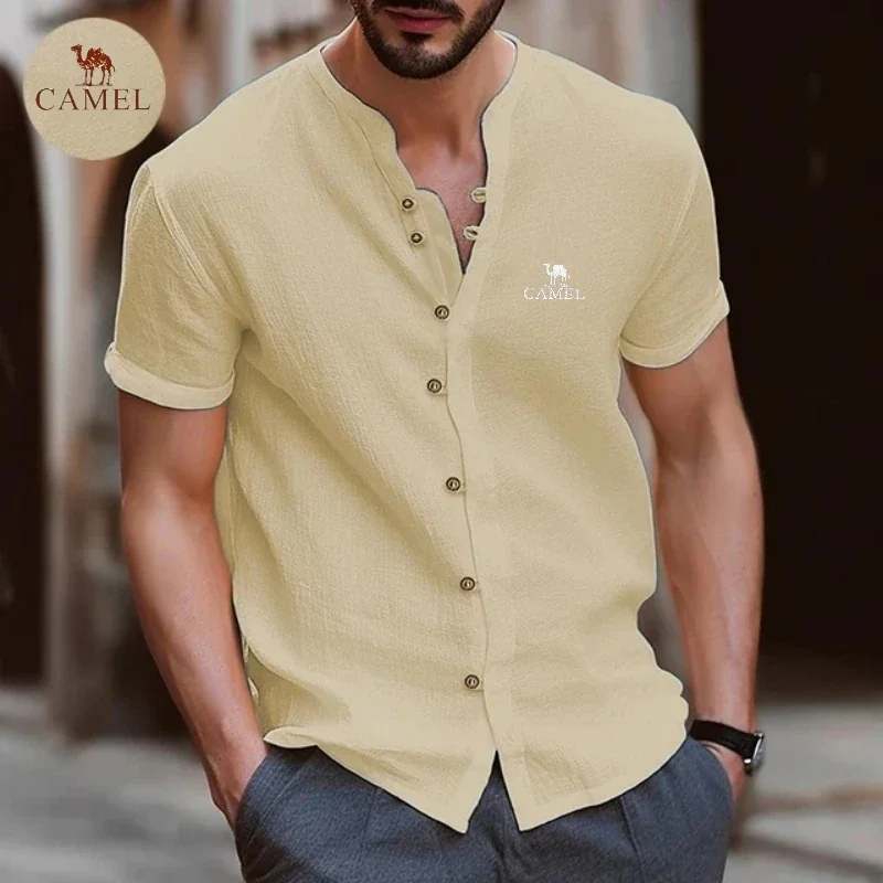 Camisa masculina bordada de algodão puro camelo de verão, tendência da moda retrô, camisa polo confortável esportiva casual