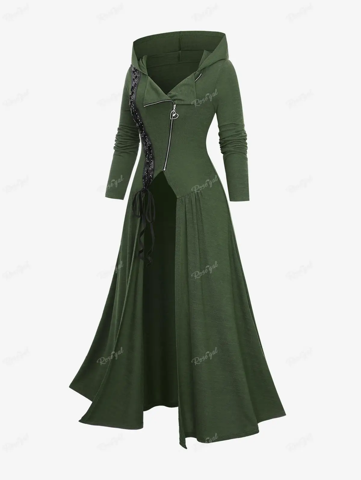 ROSEGAL Plus Size Hooded Coat Deep Green Long Lace-Up Grommets Zip Up Surplice Asymmetrical Outwears Women's Fall,Spring Coats