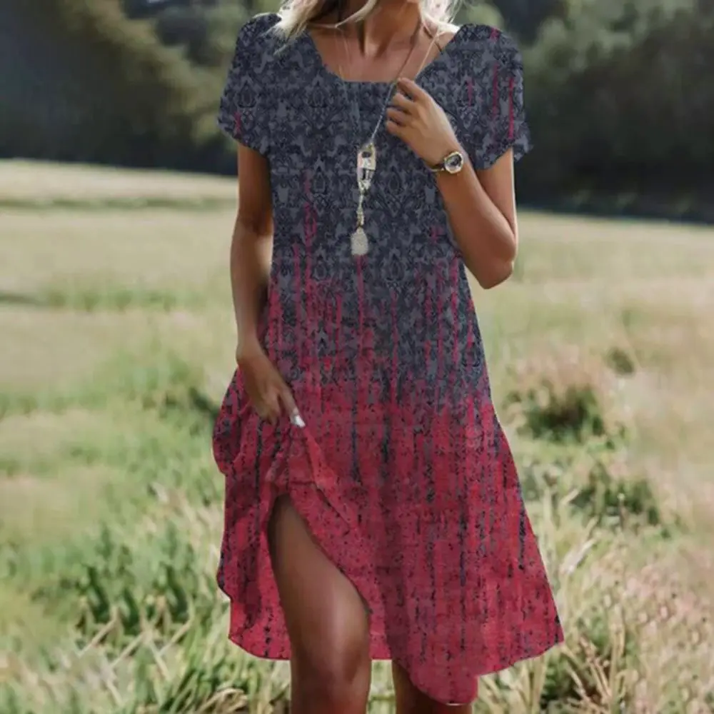 Bohemian Ethnic Print Midi Dress Women Summer Loose Casual Dresses O Neck Elegant Vintage Short Sleeve Fashion