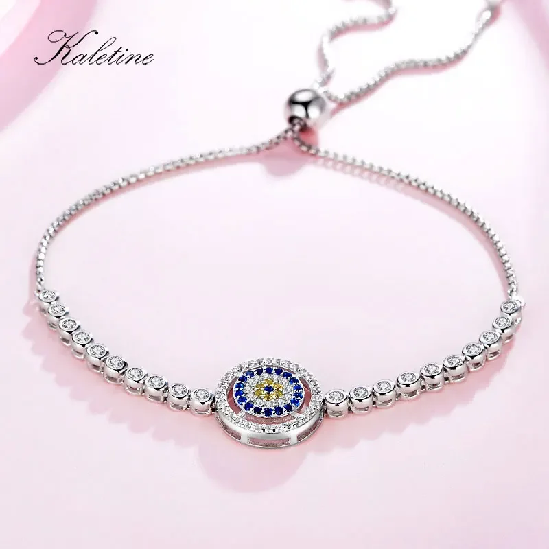 KALETINE Pure 925 Silver Bracelet Adjustable Beads Evil Eye Blue Cubic Zirconia Tennis Bracelets For Women Mens Jewelry KLTB015