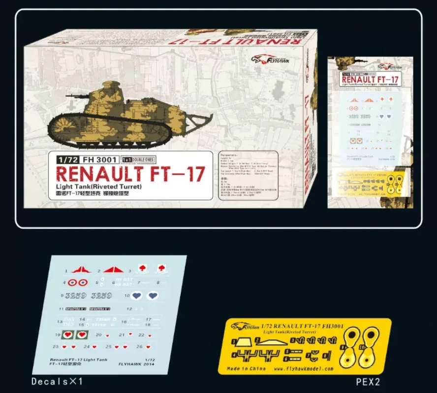 Flyhawk FH3001 1/72 Renault FT-17 Light Tank (Riveted Turret) 1+1 Model Kit