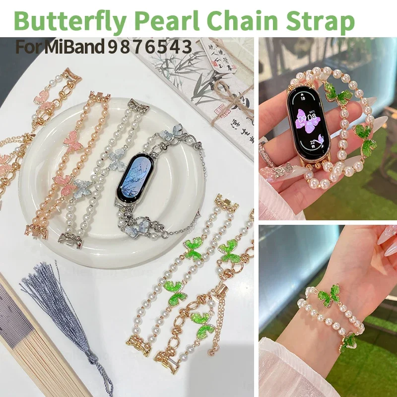 

Luxury Butterfly Pearl Chain Strap for Xiaomi Mi 9 8 7 6 5 4 3 Women Jewelry Beads Bracelet for MiBand 6 7 Adjustable Watchbands