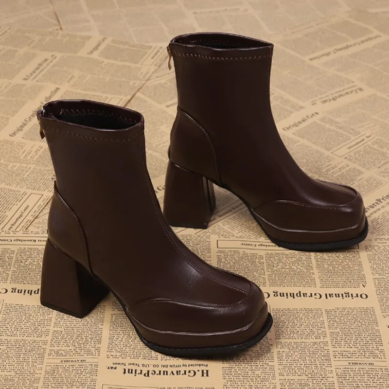 

2025 New High Heels Women's Ankle Boots Designer Chunky Fashion Shoes Winter Elegant Leather Short Boots Dress Pumps Zapatillas
