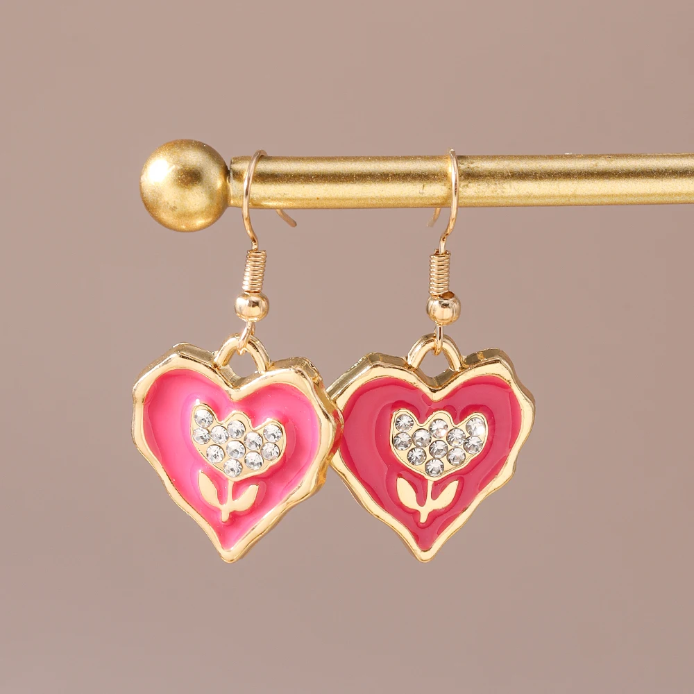 Aihua Romantische Niedliche Rosenblüten-Herz-Ohrringe für Frauen Bunte Kristall-Herz-Ohrringe Freundin Mode-Schmuck-Accessoires – Detail 2