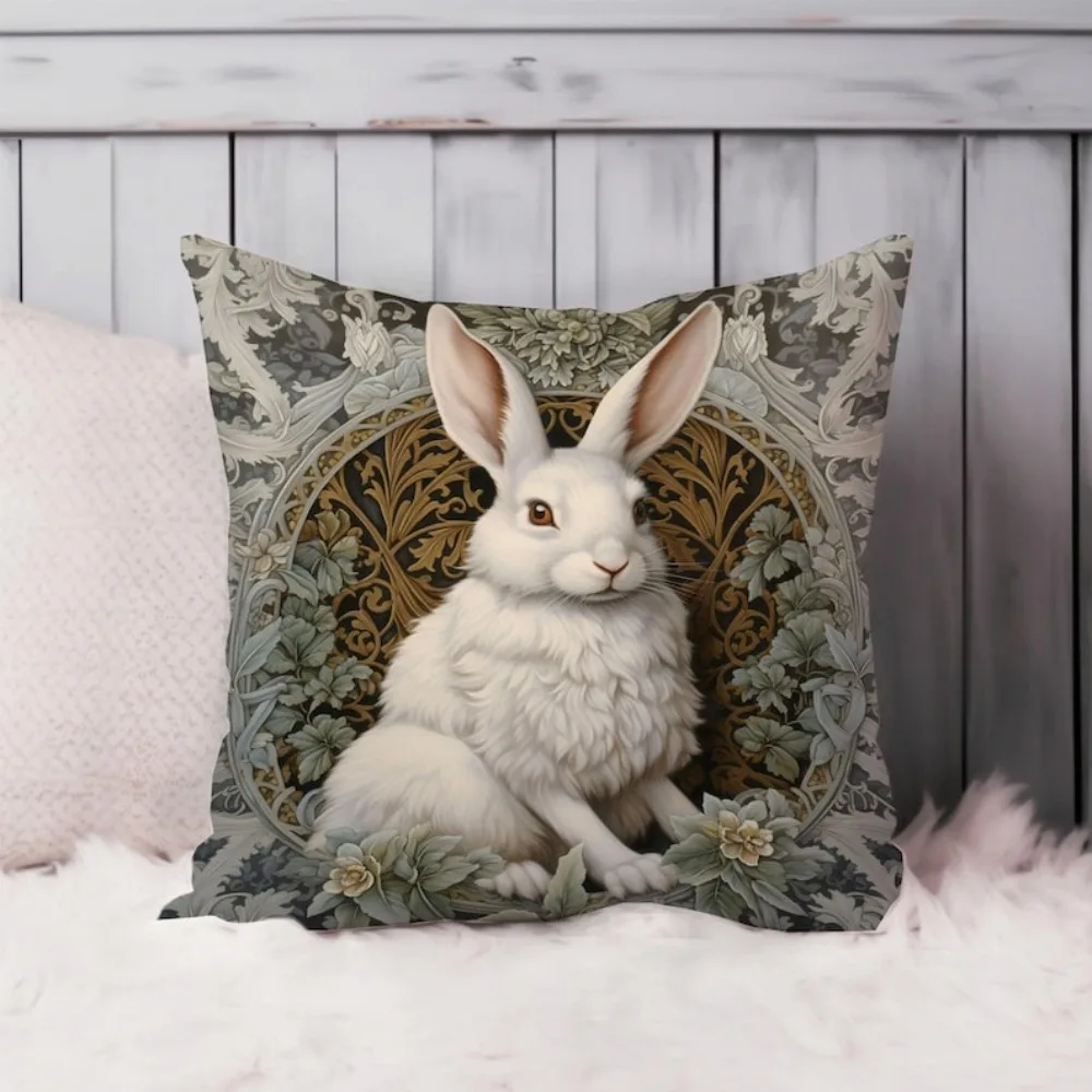 1 White Bunny Ornate Frame Easter Pillowcase 2D Double Print Luxe Decorative Durable Soft Cushion Cover Home Bedroom Living Room