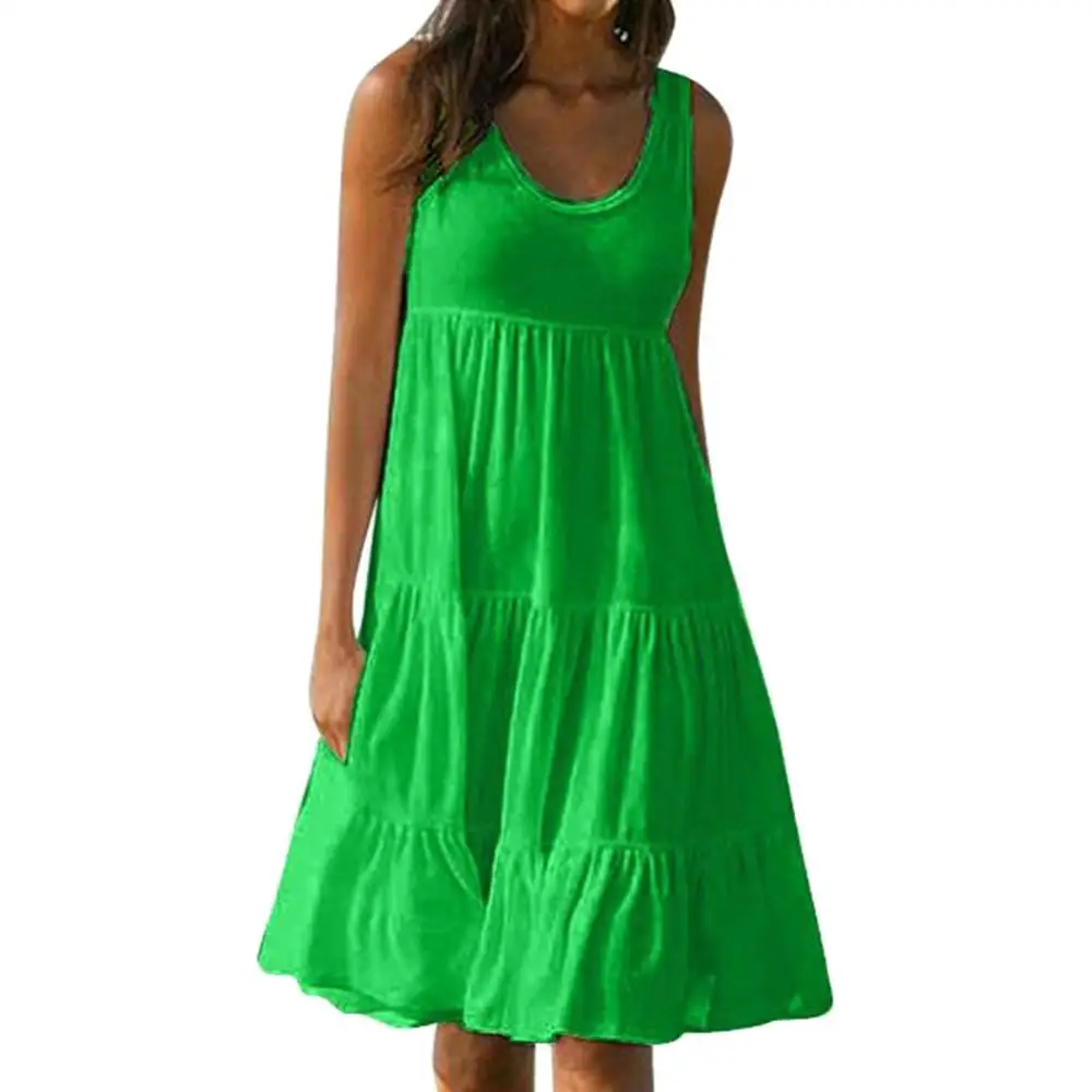 Tank Dress Women Summer 2023 Loose Pleated Sundress Beach Dress Evening Party Solid Color Sleeveless Midi Dress Green