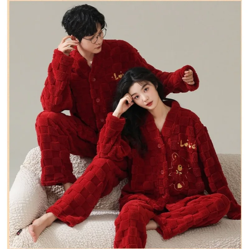 Pyjamas Wedding Couples Set New Velvet and Thick Coral Velvet Red Autumn and Winter Home Wear Comfortable To Wear Couple Pajamas