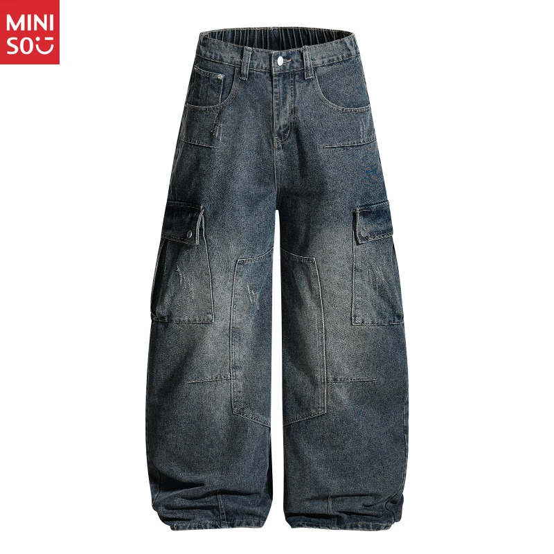 

American Retro Distressed Multi Pocket Wide Kukri Jeans Unisex Washed Loose Slim Floor