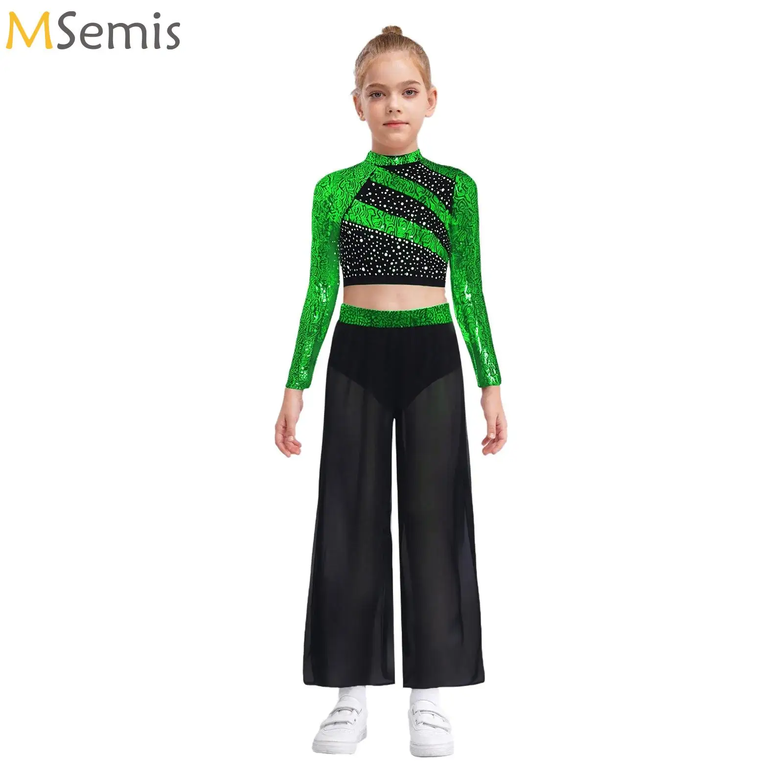 

Two-Piece Sequins Lyrical Dance Outfits Ballet Dress Kids Girls Lyrical Contemporary Dance Performance Costumes Crop Top + Pants